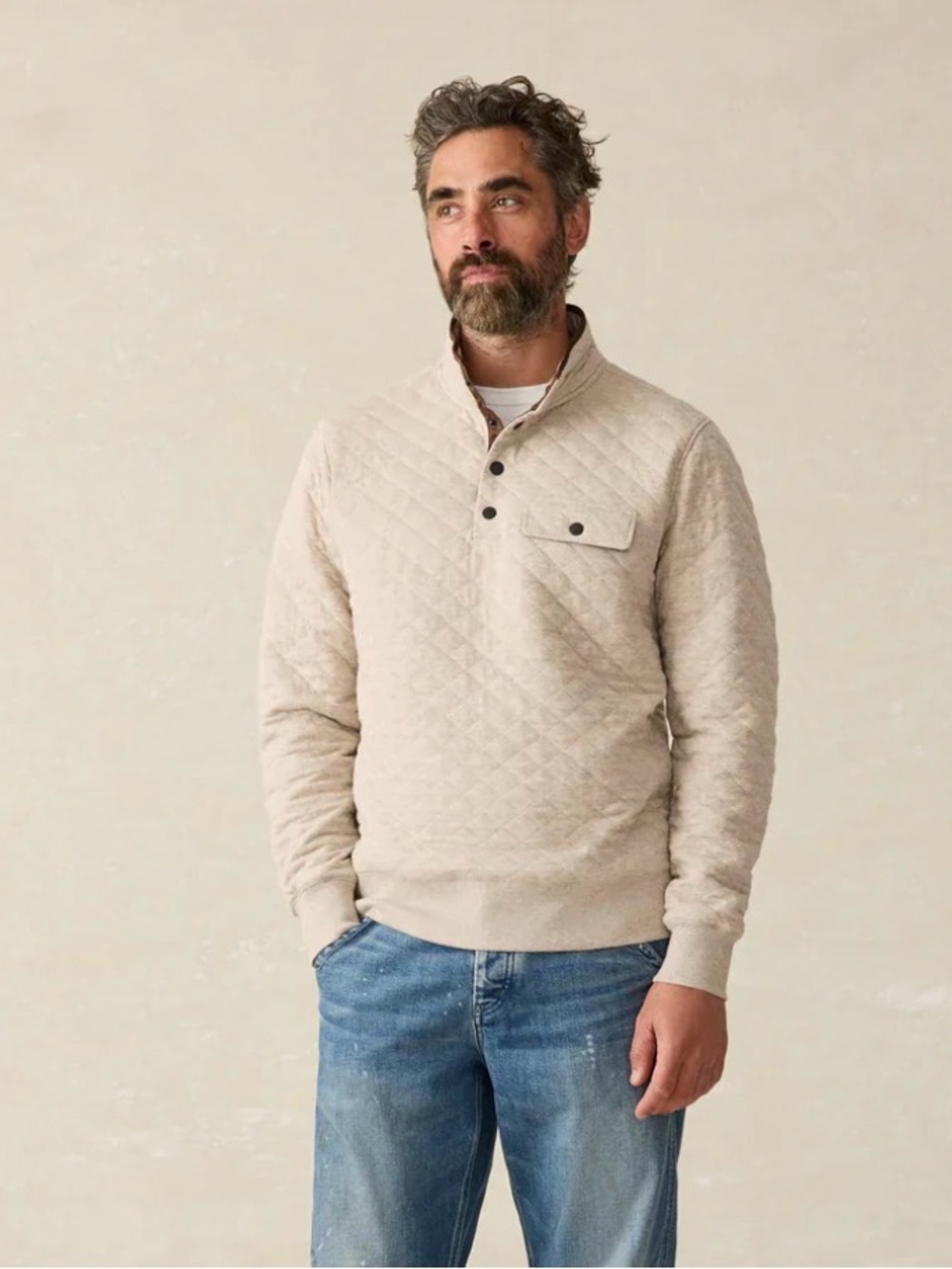 Faherty Cream Fleece Oatmeal Melange Quilted Pullover with Brown Trim